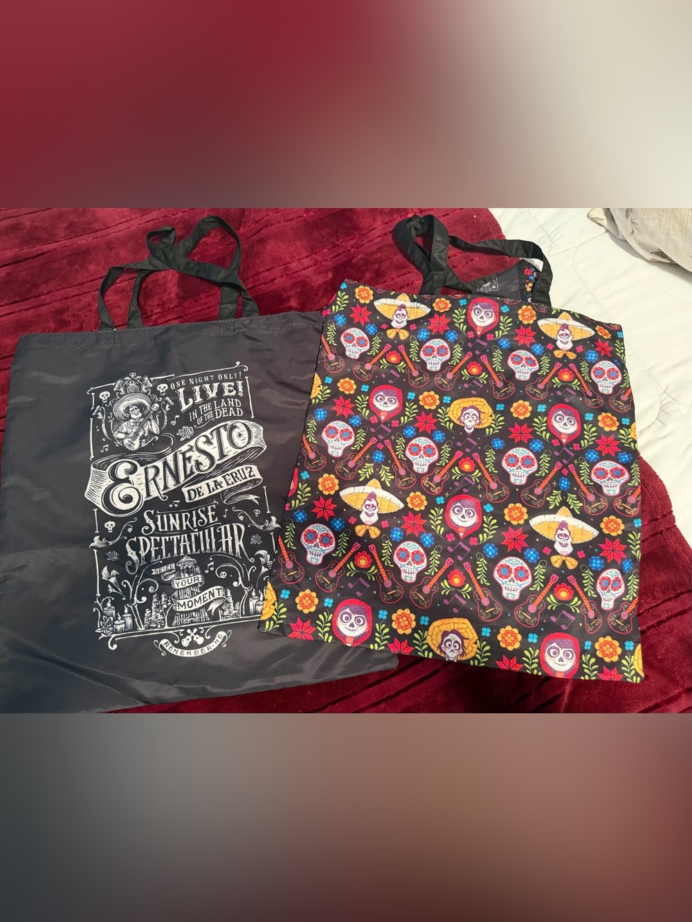 2 Day of the Dead Coco Themed Tote Bags - Black Multicolor